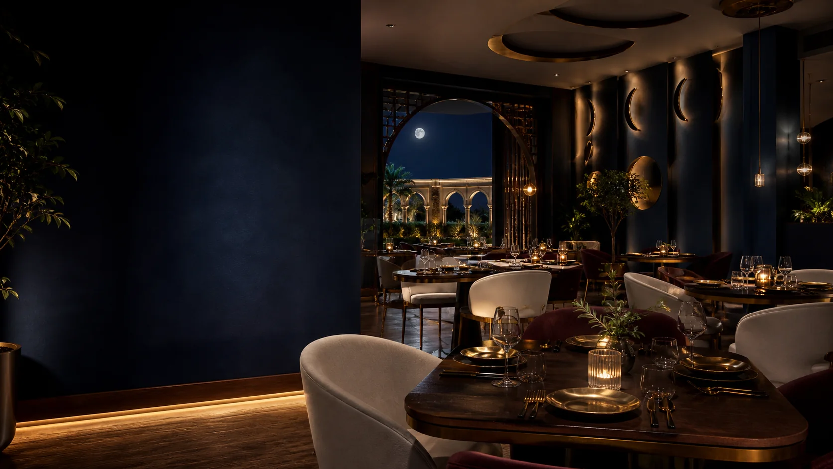 Elegant moonlit dining room with warm brass details and candlelit tables