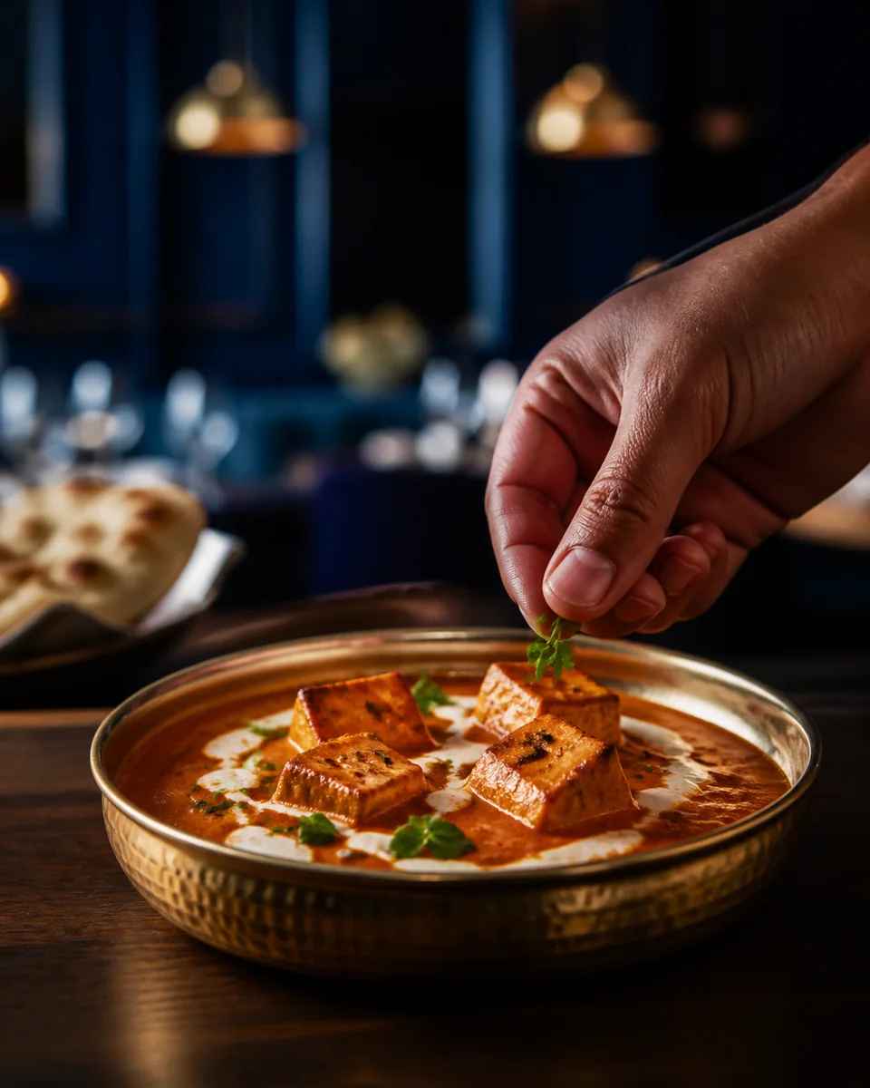 Paneer curry finished with fresh herbs