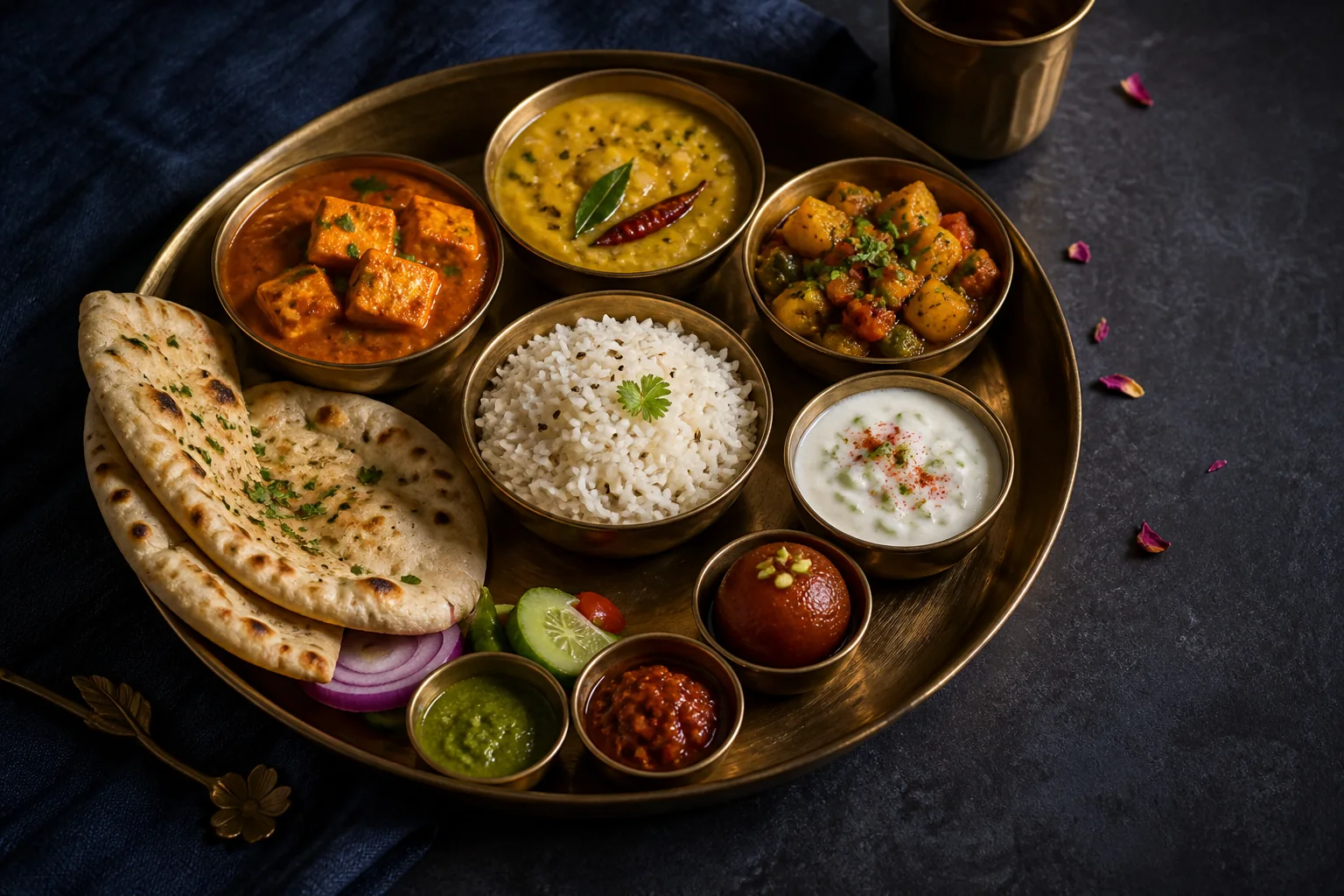 Premium vegetarian thali served in handcrafted brassware